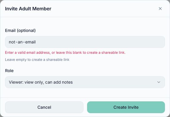 The invitation form rejects not-an-email and asks for a valid email address or an empty field for a shareable link.