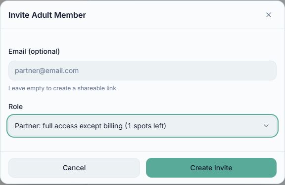 The Invite Adult Member form with Partner selected and one member seat available.