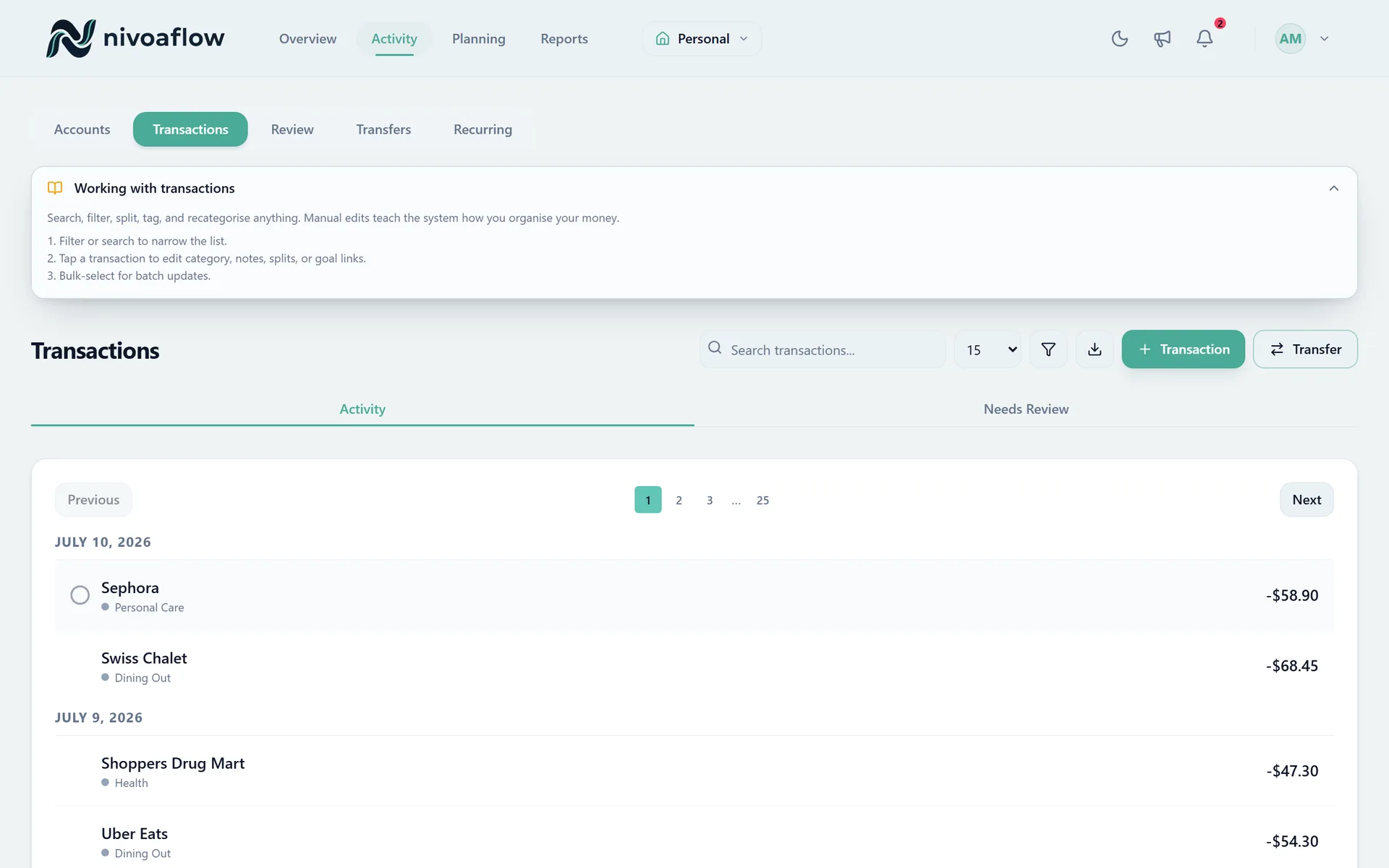 NivoaFlow transaction list after import and categorization