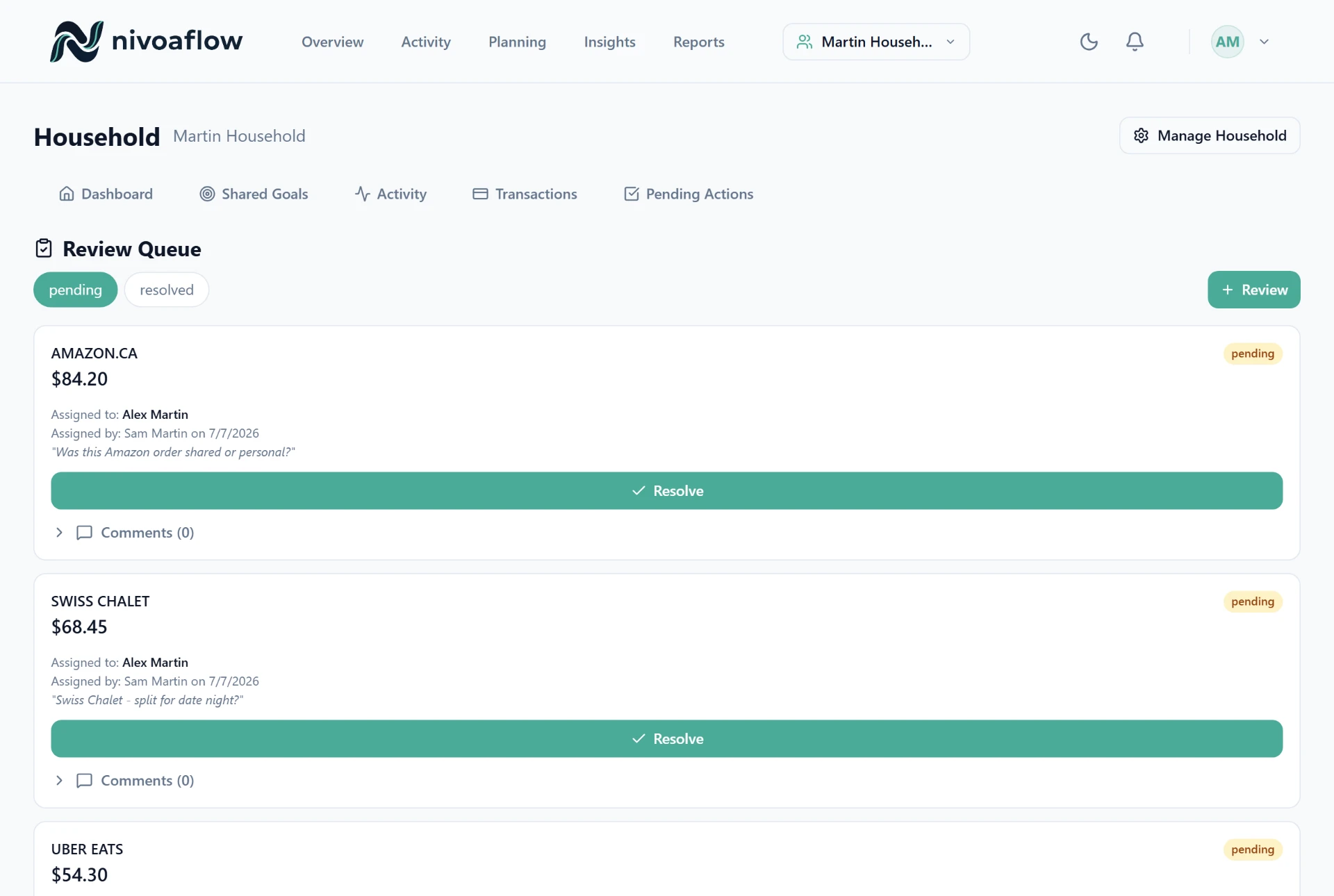 NivoaFlow review queue for transactions and categorization