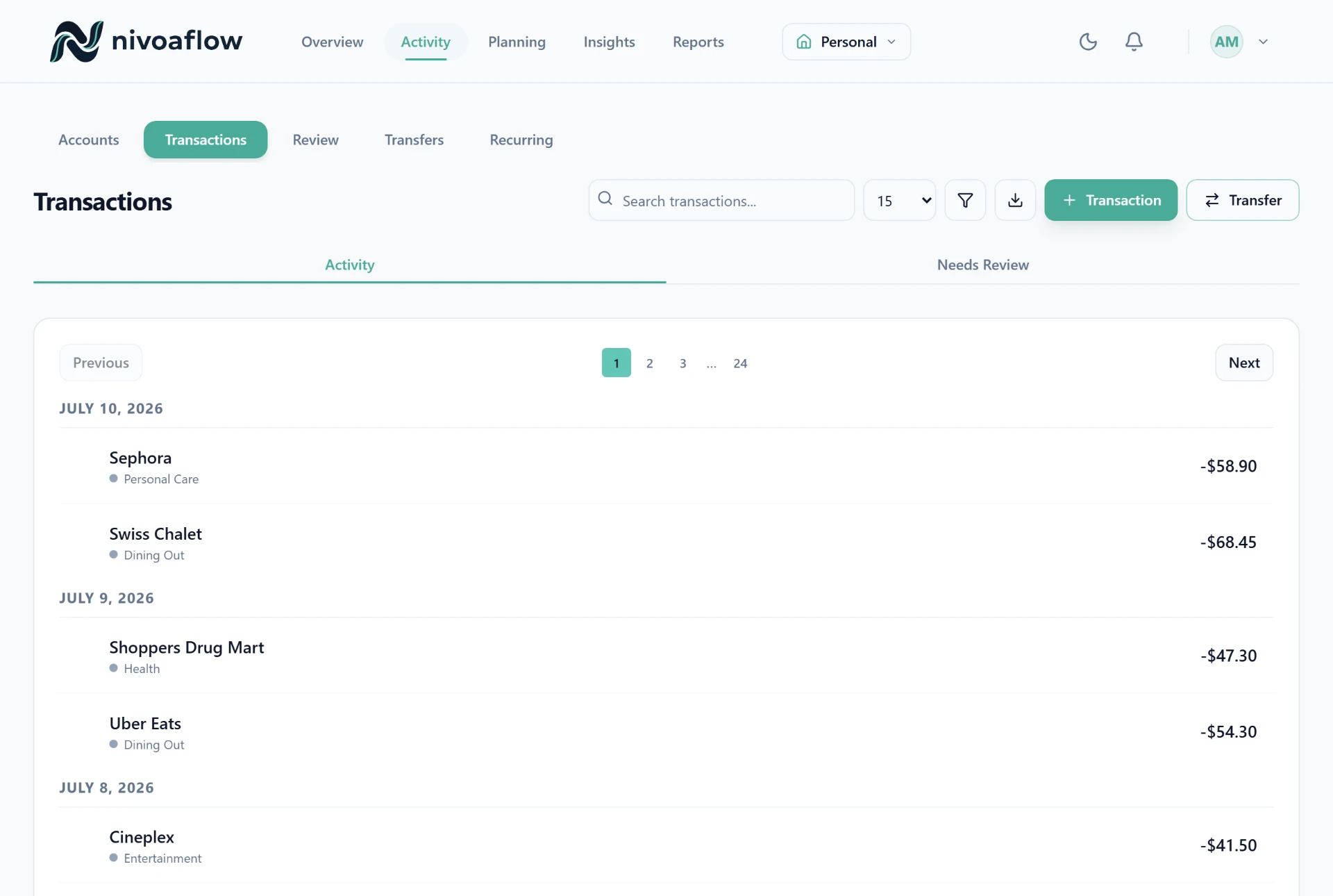 NivoaFlow reviewed transactions view