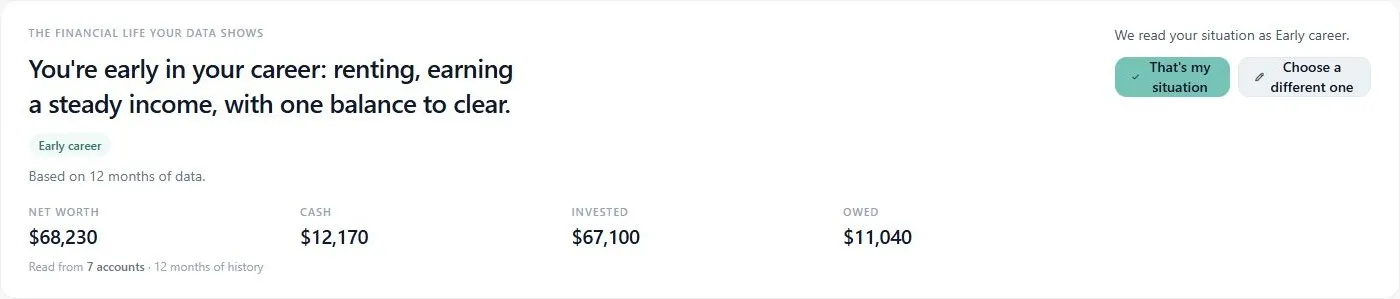 NivoaFlow financial situation screen in light theme: a plain sentence about your financial life, with your life stage and the facts behind it.