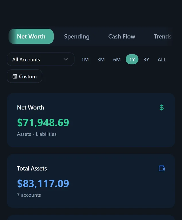 Net worth across every account in dark theme