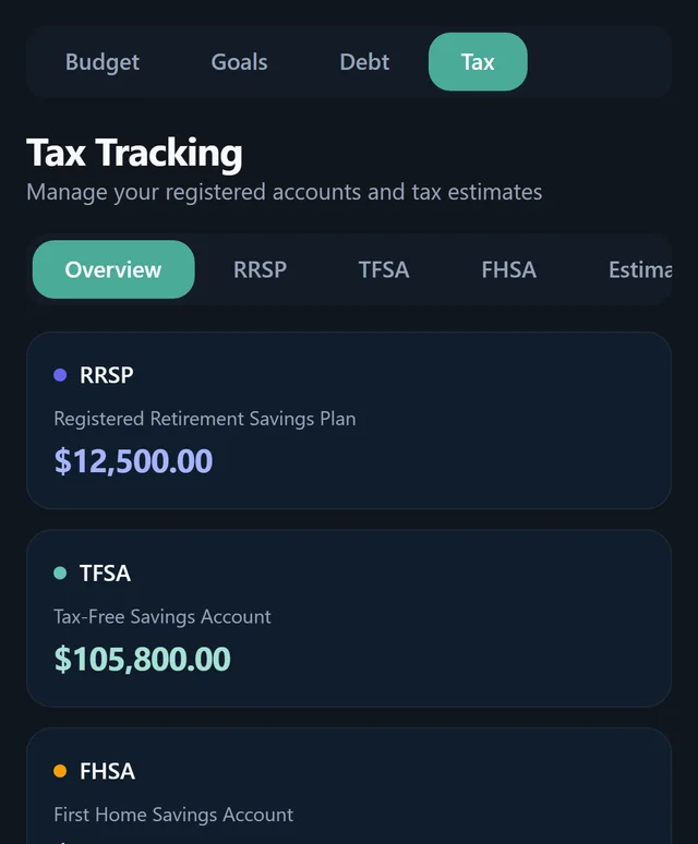 Tax-aware, made for Canada in dark theme