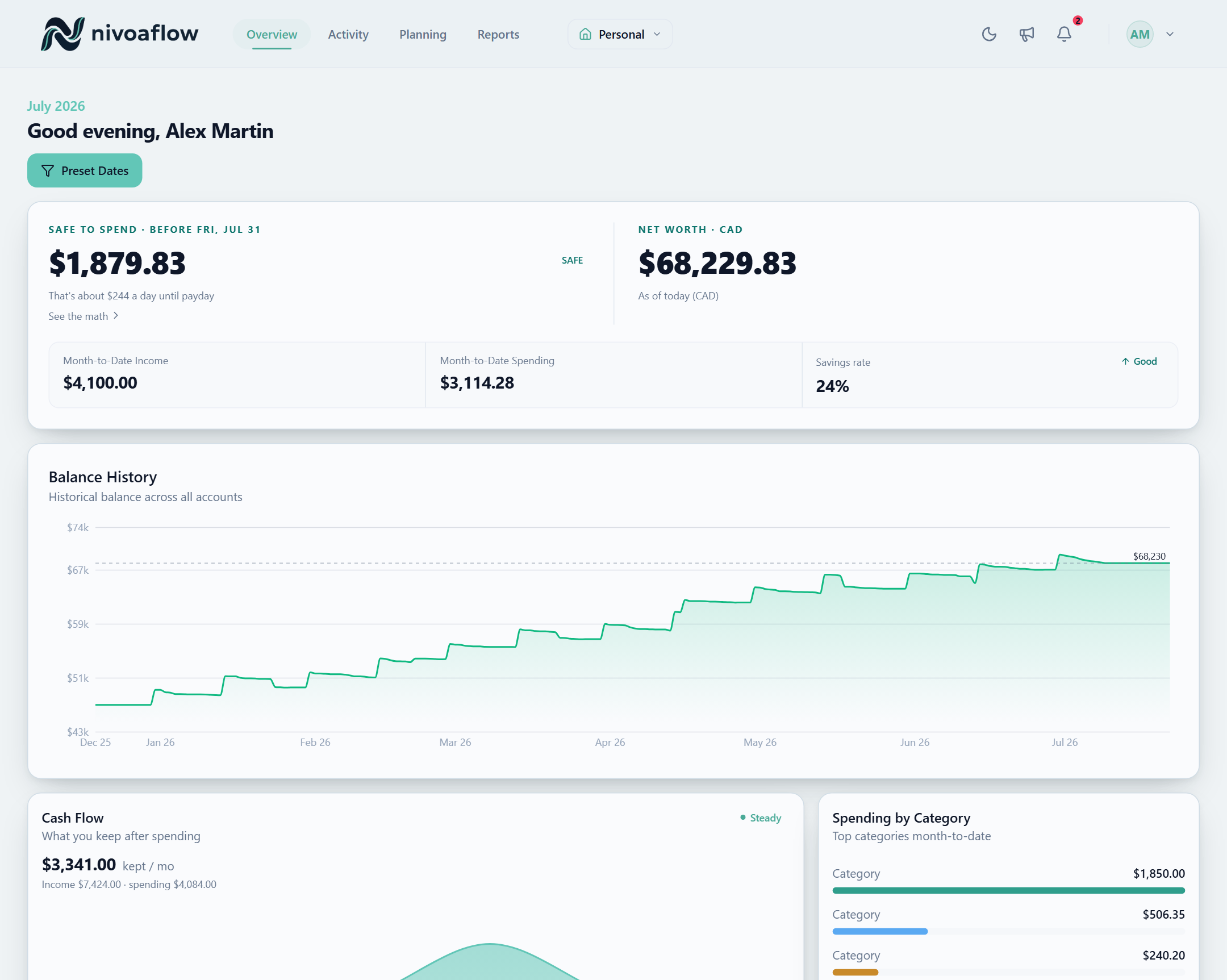 NivoaFlow overview with Safe-to-Spend