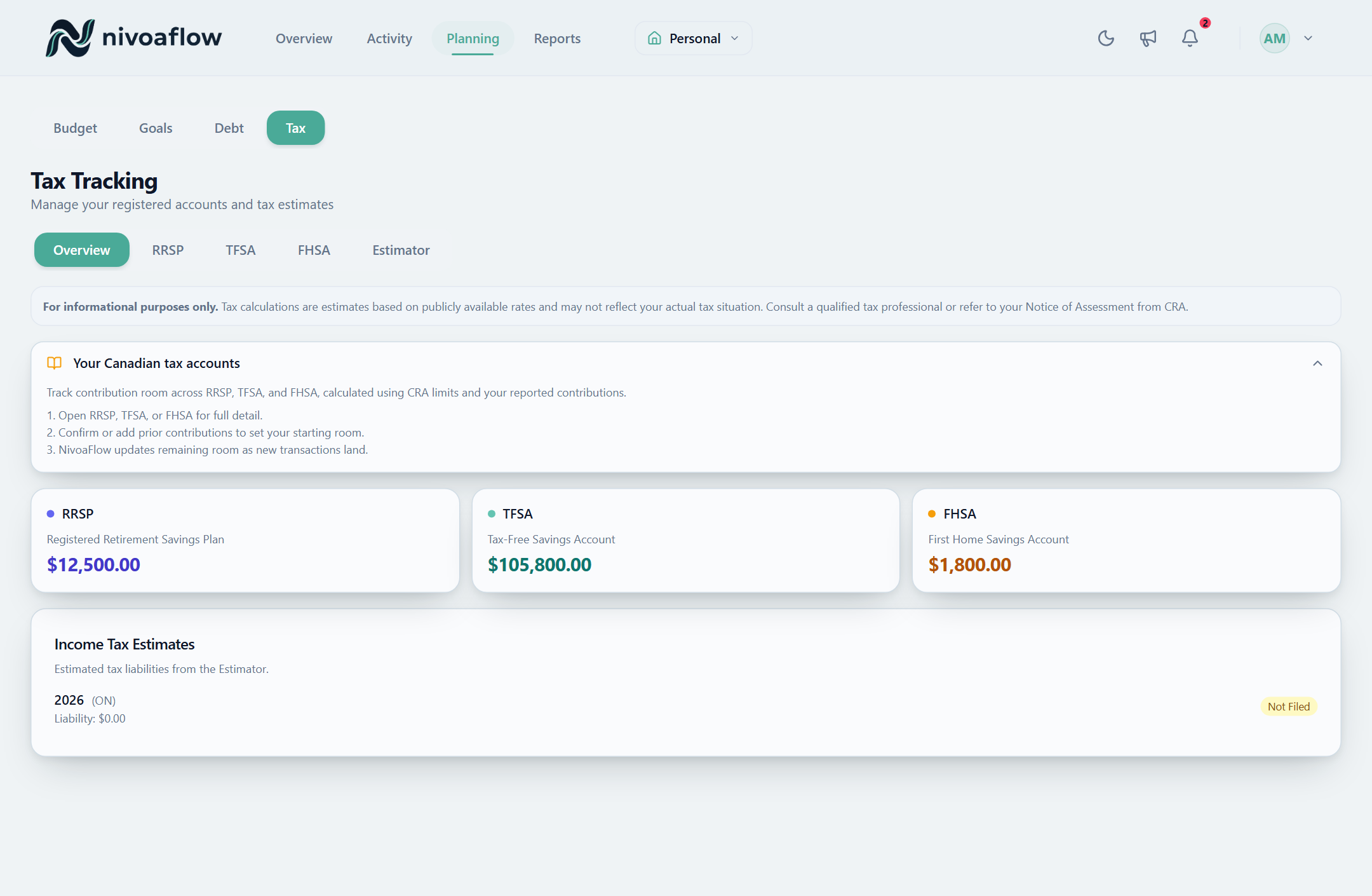 TFSA, RRSP and FHSA contribution room tracked in NivoaFlow