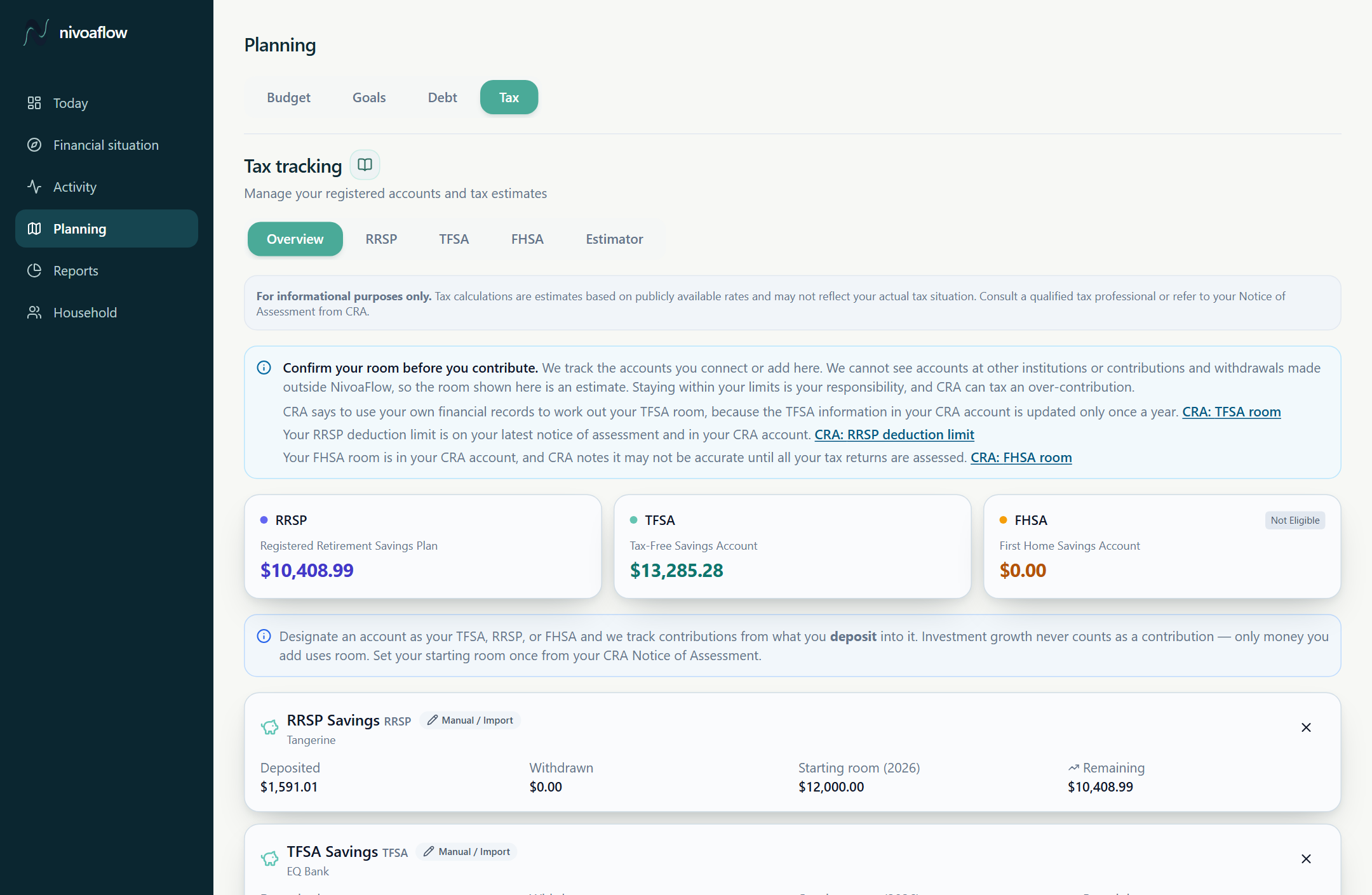 TFSA, RRSP and FHSA contribution room tracked in NivoaFlow